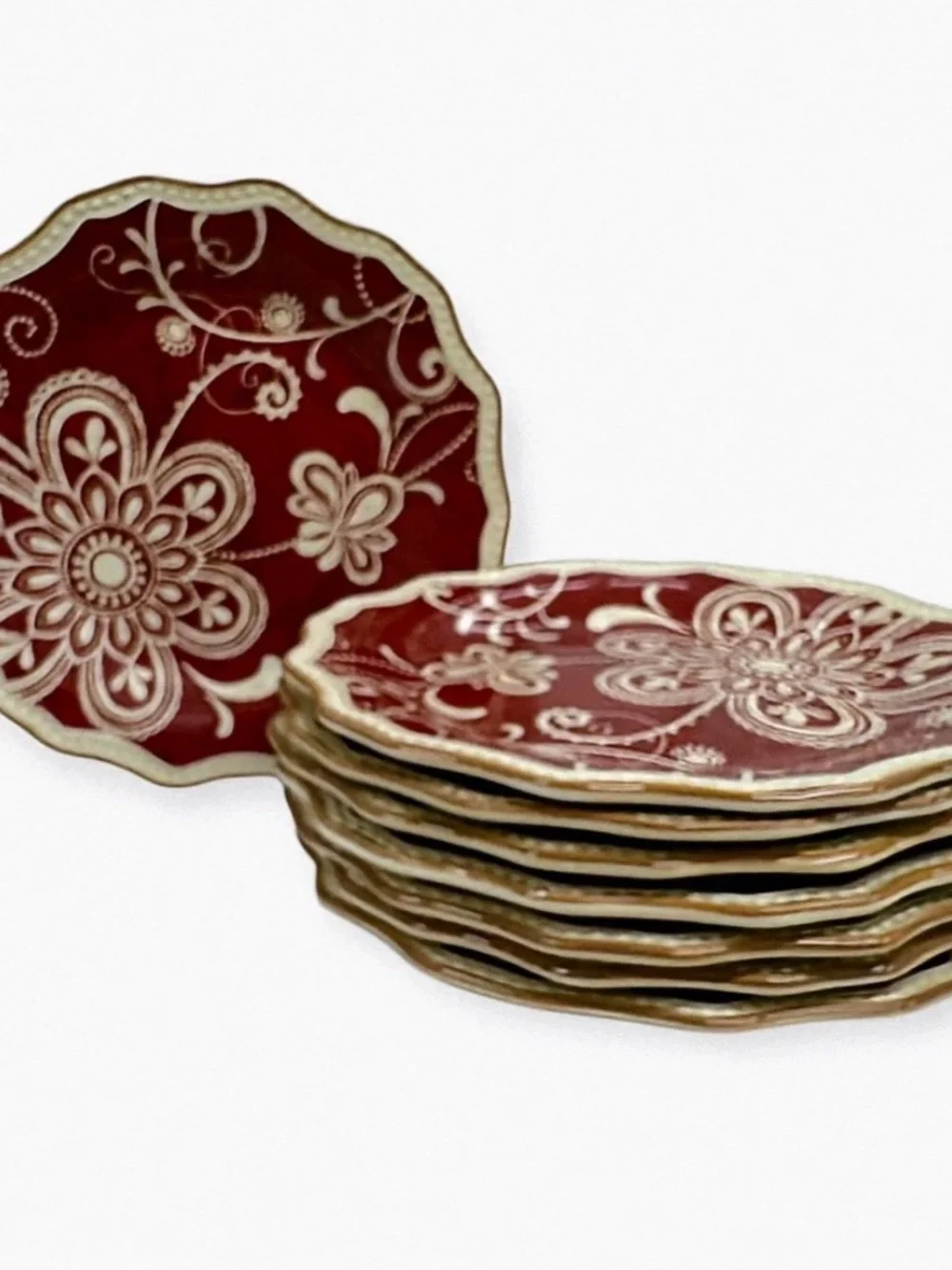 Pier 1 Imports Maribeth Burgundy Floral Scalloped Salad Plates 8 7/8” Set of 8